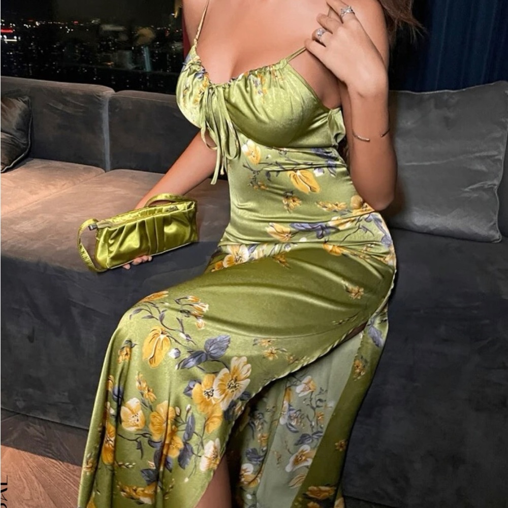 A floral print knot front split thigh satin cami dress from SHEIN